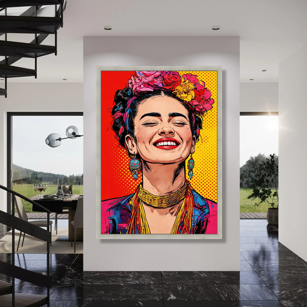 Vibrant Woman Portrait Canvas, Colorful Floral Headpiece Art, Bold Pop Art Wall Decor, Bright Home Decoration, Smiling Face Print Art