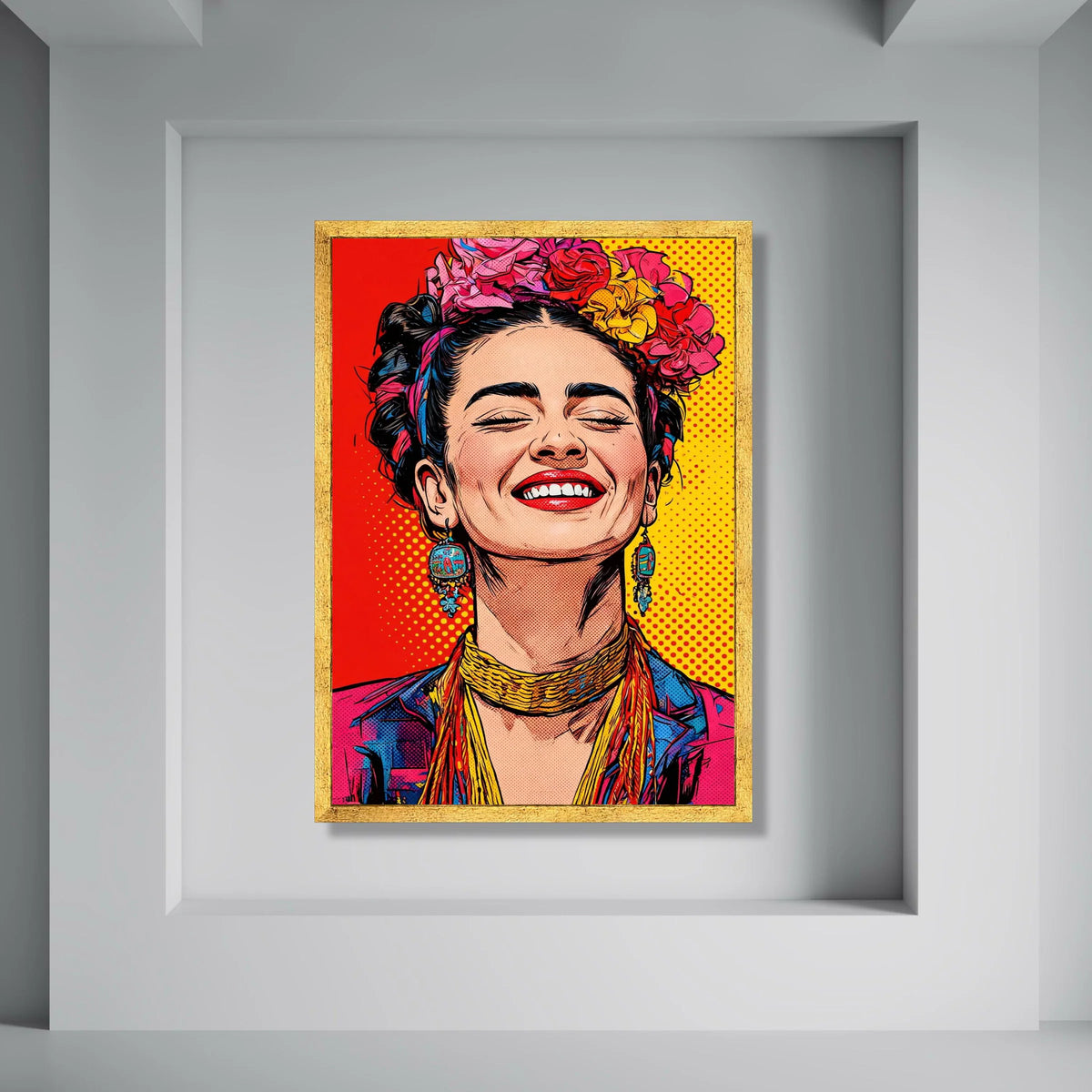 Vibrant Woman Portrait Canvas, Colorful Floral Headpiece Art, Bold Pop Art Wall Decor, Bright Home Decoration, Smiling Face Print Art