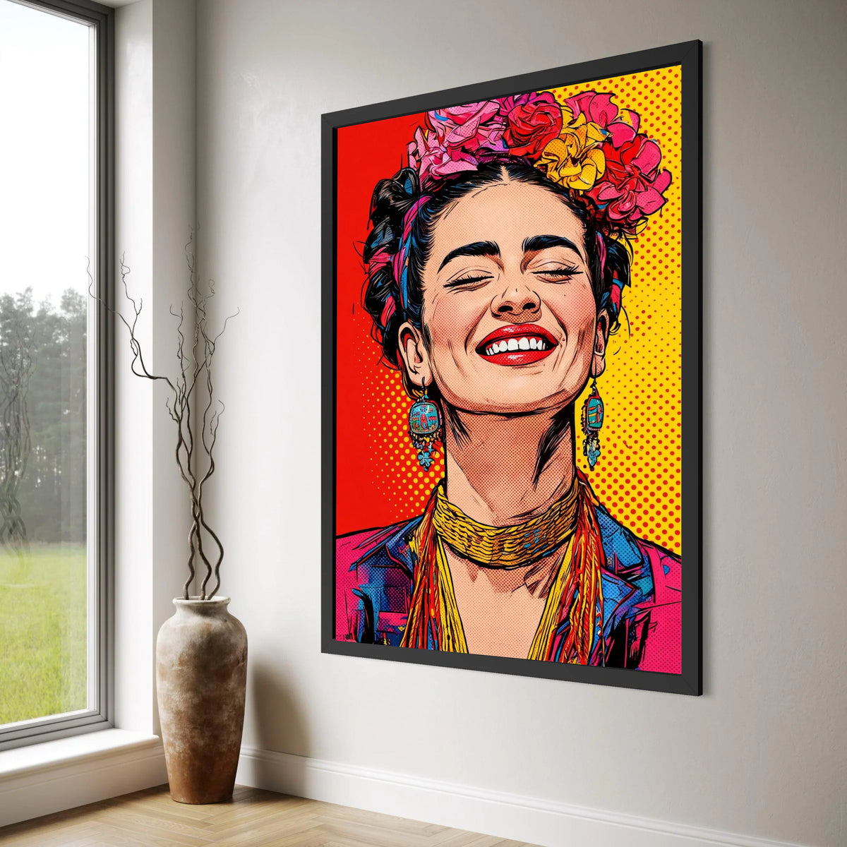 Vibrant Woman Portrait Canvas, Colorful Floral Headpiece Art, Bold Pop Art Wall Decor, Bright Home Decoration, Smiling Face Print Art