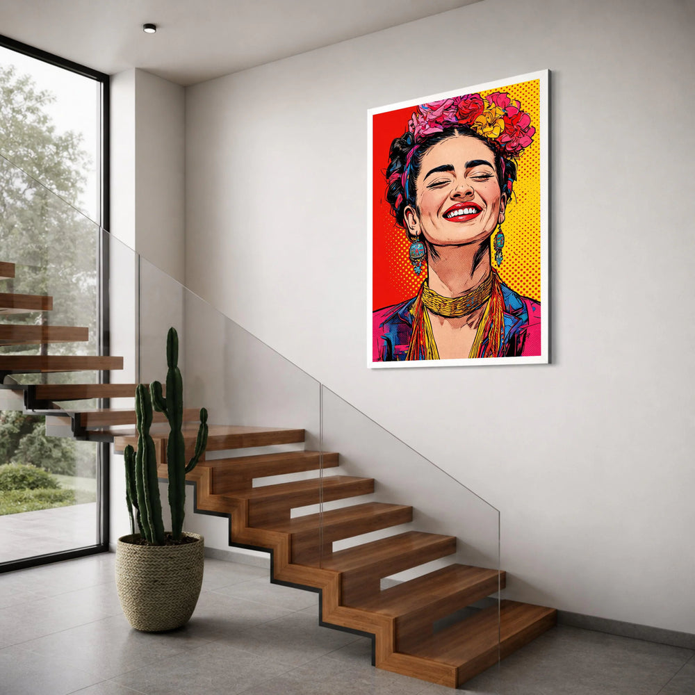 Vibrant Woman Portrait Canvas, Colorful Floral Headpiece Art, Bold Pop Art Wall Decor, Bright Home Decoration, Smiling Face Print Art