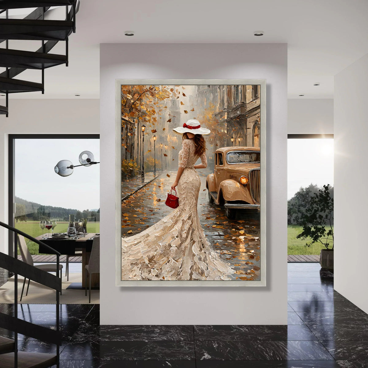 Elegant Woman Lace Dress Canvas, Vintage Car Cityscape Wall Art, Autumn Leaves Scene, Classic Urban Decoration, Romantic Street Print Art
