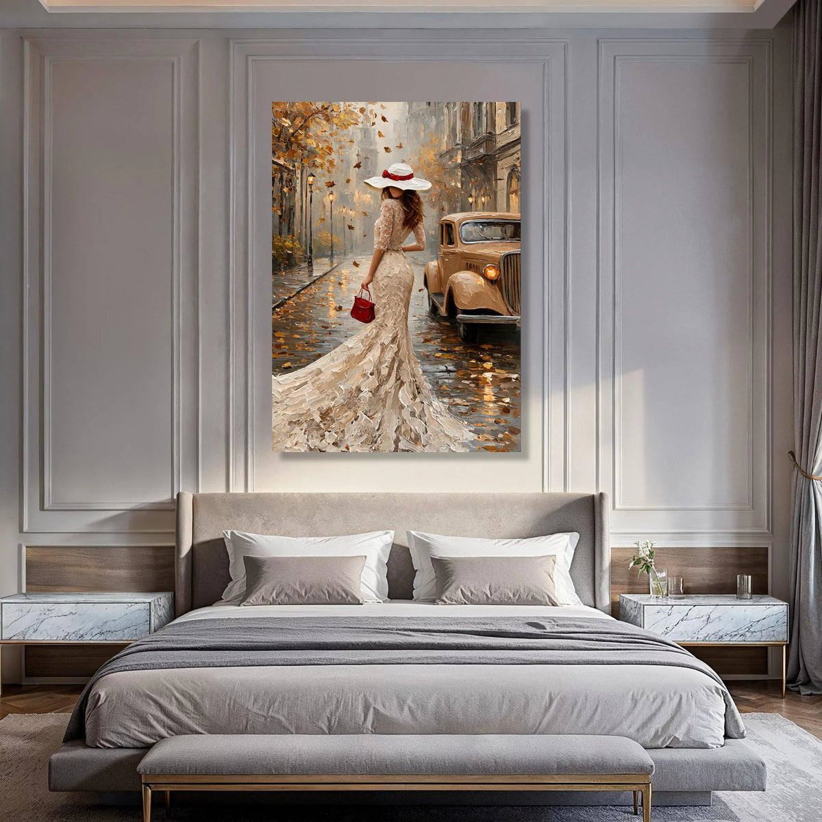 Elegant Woman Lace Dress Canvas, Vintage Car Cityscape Wall Art, Autumn Leaves Scene, Classic Urban Decoration, Romantic Street Print Art
