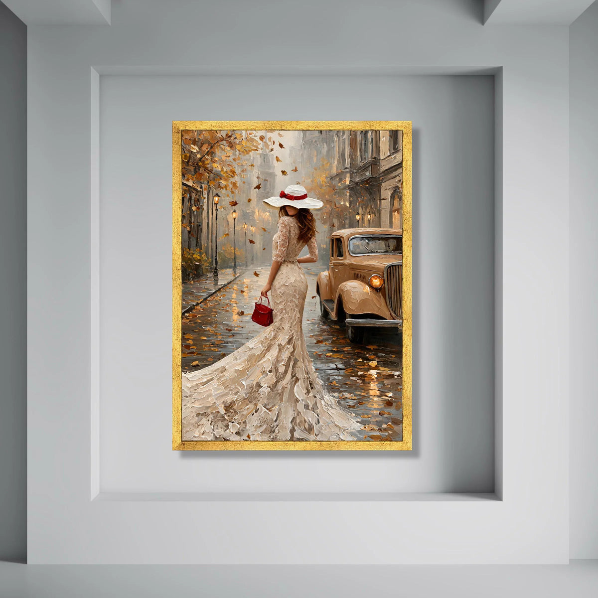 Elegant Woman Lace Dress Canvas, Vintage Car Cityscape Wall Art, Autumn Leaves Scene, Classic Urban Decoration, Romantic Street Print Art