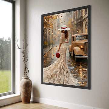 Elegant Woman Lace Dress Canvas, Vintage Car Cityscape Wall Art, Autumn Leaves Scene, Classic Urban Decoration, Romantic Street Print Art