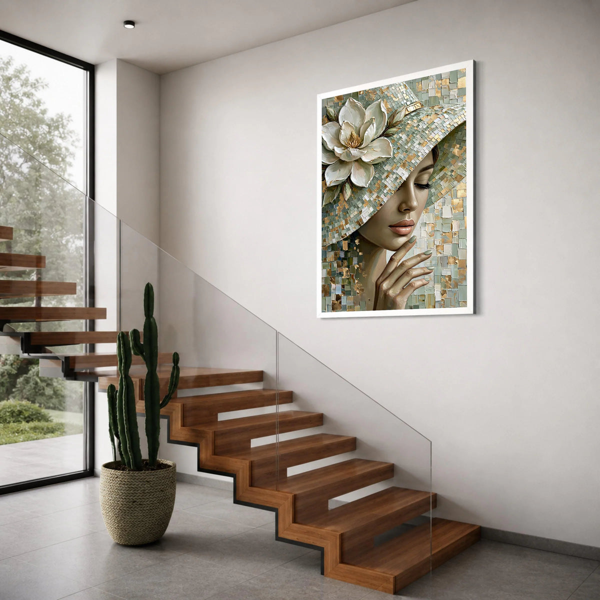 Elegant Woman Artistic Floral Hat Canvas Wall Art, Fashion Portrait Painting, Modern Home Decoration, Feminine Beauty Artwork Print Art