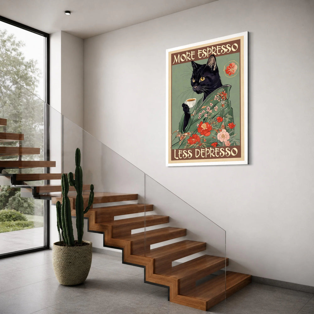 Black Cat Floral Kimono Canvas, Coffee Lover Wall Art, Vintage Style Cat Poster, Espresso Quote Canvas, Quirky Kitchen Decor Print Art