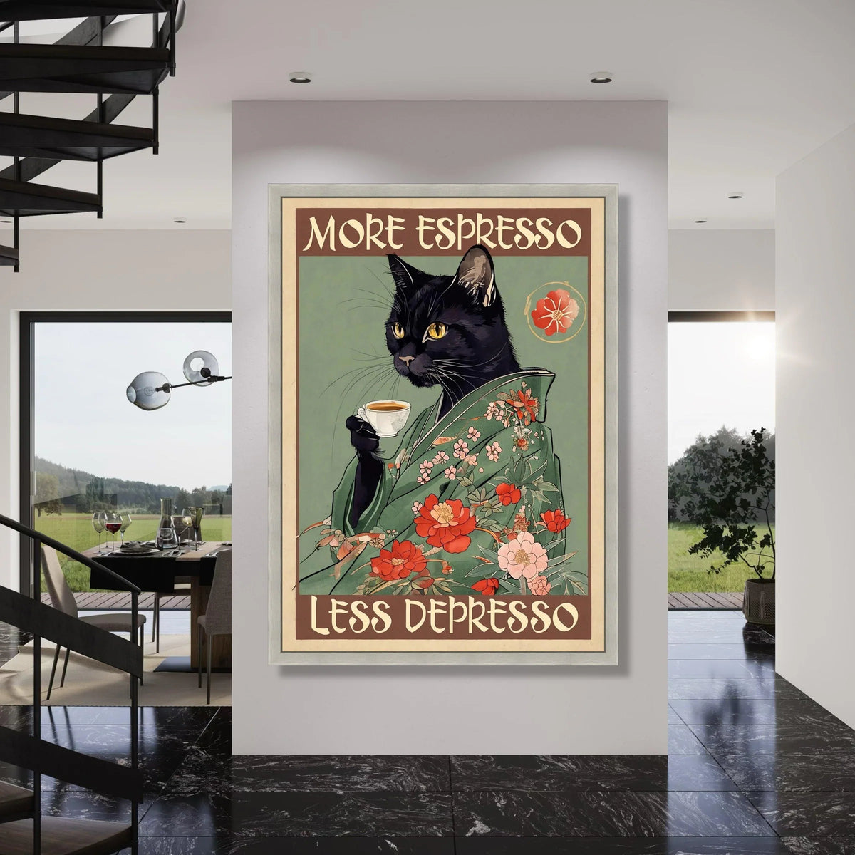 Black Cat Floral Kimono Canvas, Coffee Lover Wall Art, Vintage Style Cat Poster, Espresso Quote Canvas, Quirky Kitchen Decor Print Art
