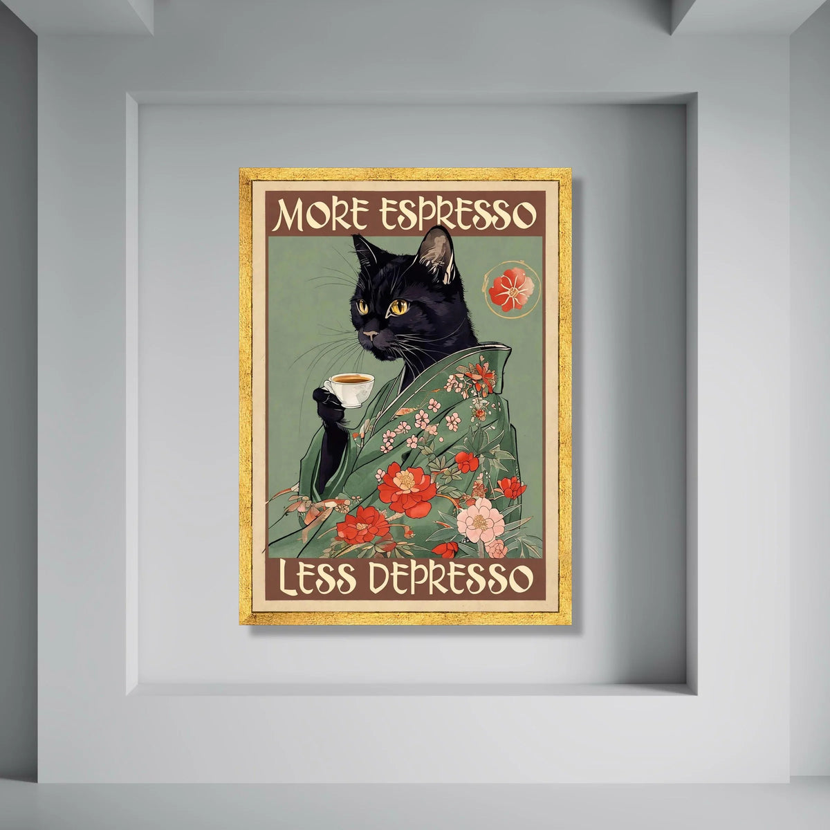 Black Cat Floral Kimono Canvas, Coffee Lover Wall Art, Vintage Style Cat Poster, Espresso Quote Canvas, Quirky Kitchen Decor Print Art
