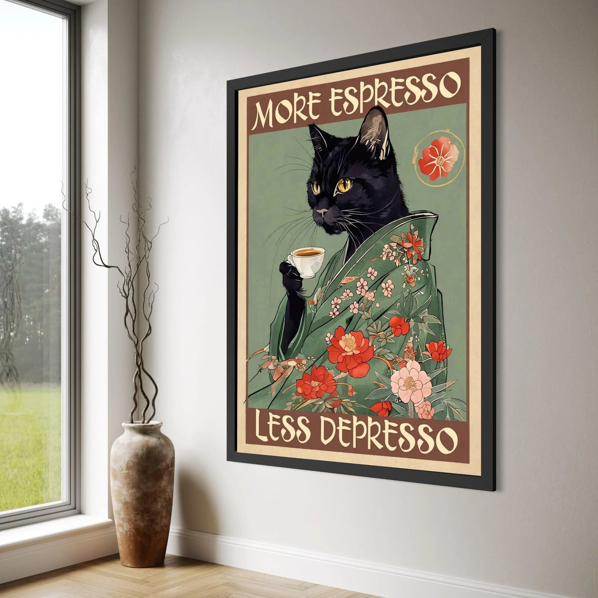 Black Cat Floral Kimono Canvas, Coffee Lover Wall Art, Vintage Style Cat Poster, Espresso Quote Canvas, Quirky Kitchen Decor Print Art