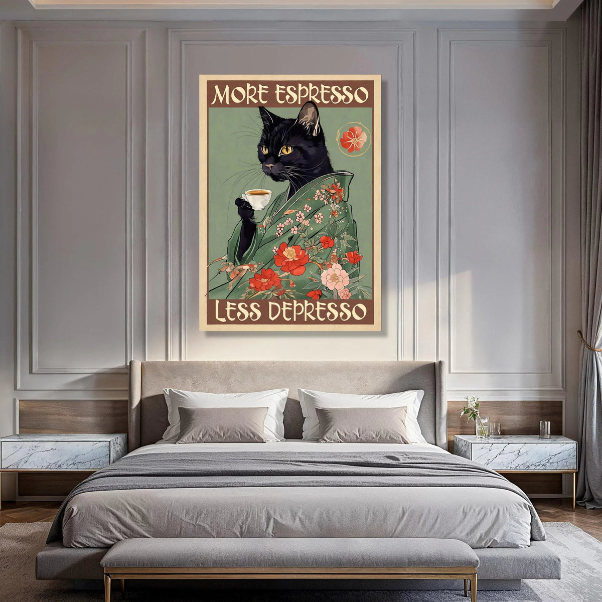 Black Cat Floral Kimono Canvas, Coffee Lover Wall Art, Vintage Style Cat Poster, Espresso Quote Canvas, Quirky Kitchen Decor Print Art