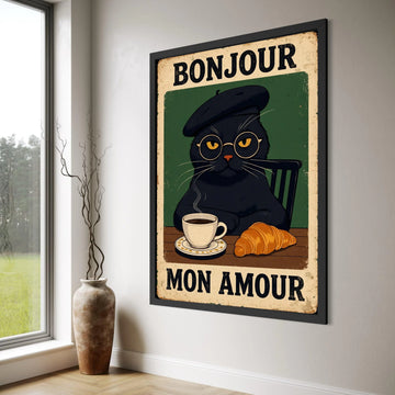 Bonjour Mon Amour Cat Canvas, French Cafe Wall Art, Black Cat Illustration, Coffee and Croissant Canvas, Cozy Kitchen Decoration Print Art