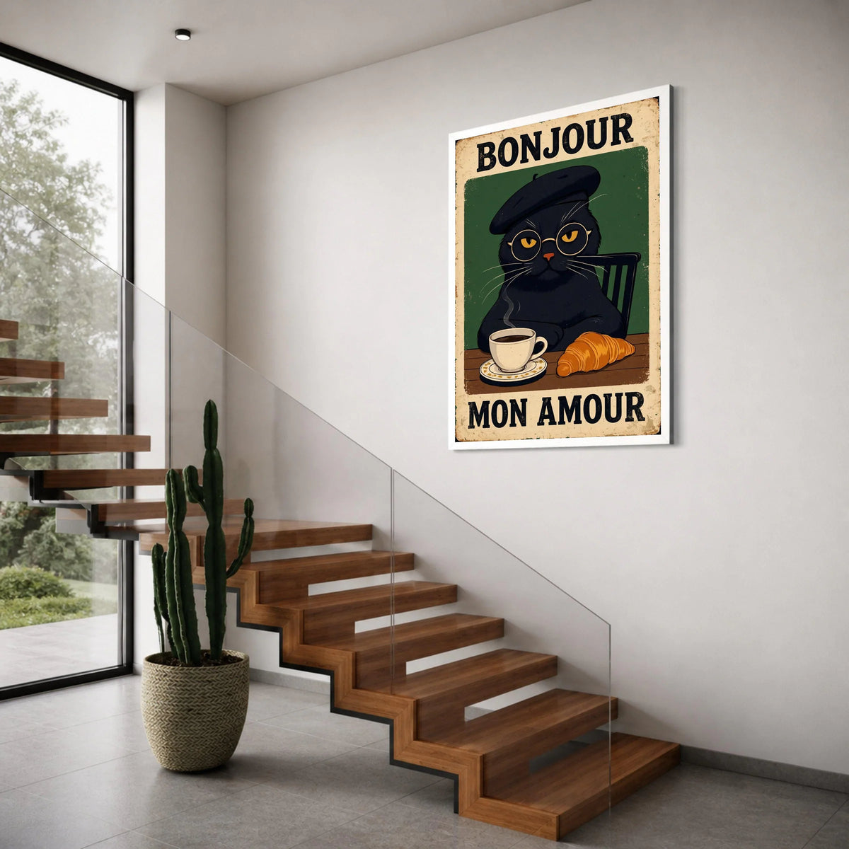 Bonjour Mon Amour Cat Canvas, French Cafe Wall Art, Black Cat Illustration, Coffee and Croissant Canvas, Cozy Kitchen Decoration Print Art