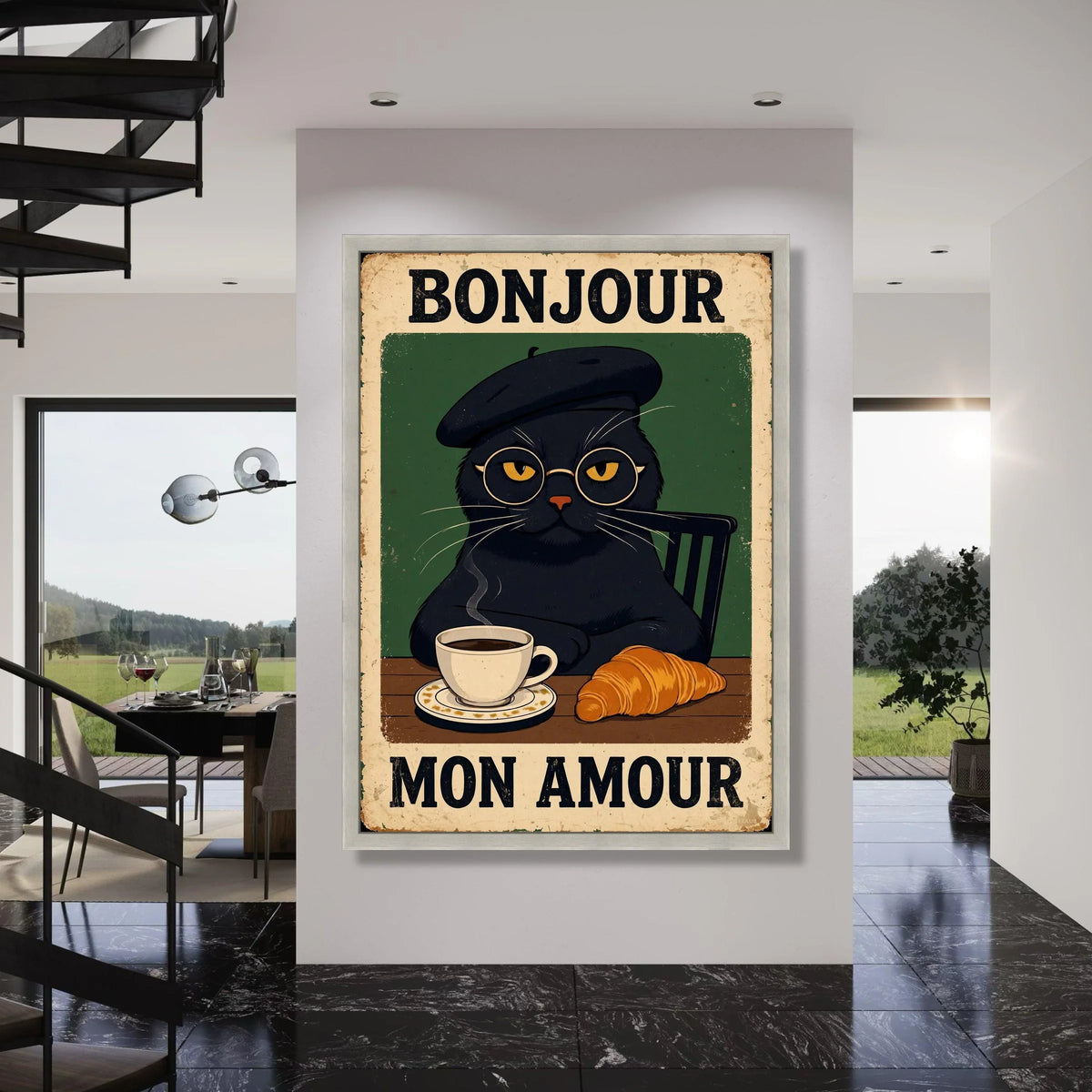 Bonjour Mon Amour Cat Canvas, French Cafe Wall Art, Black Cat Illustration, Coffee and Croissant Canvas, Cozy Kitchen Decoration Print Art