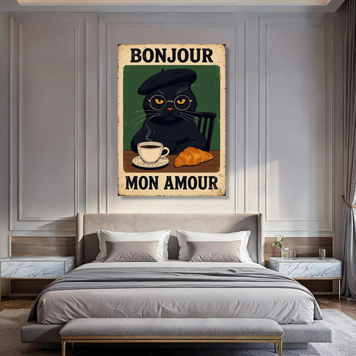 Bonjour Mon Amour Cat Canvas, French Cafe Wall Art, Black Cat Illustration, Coffee and Croissant Canvas, Cozy Kitchen Decoration Print Art