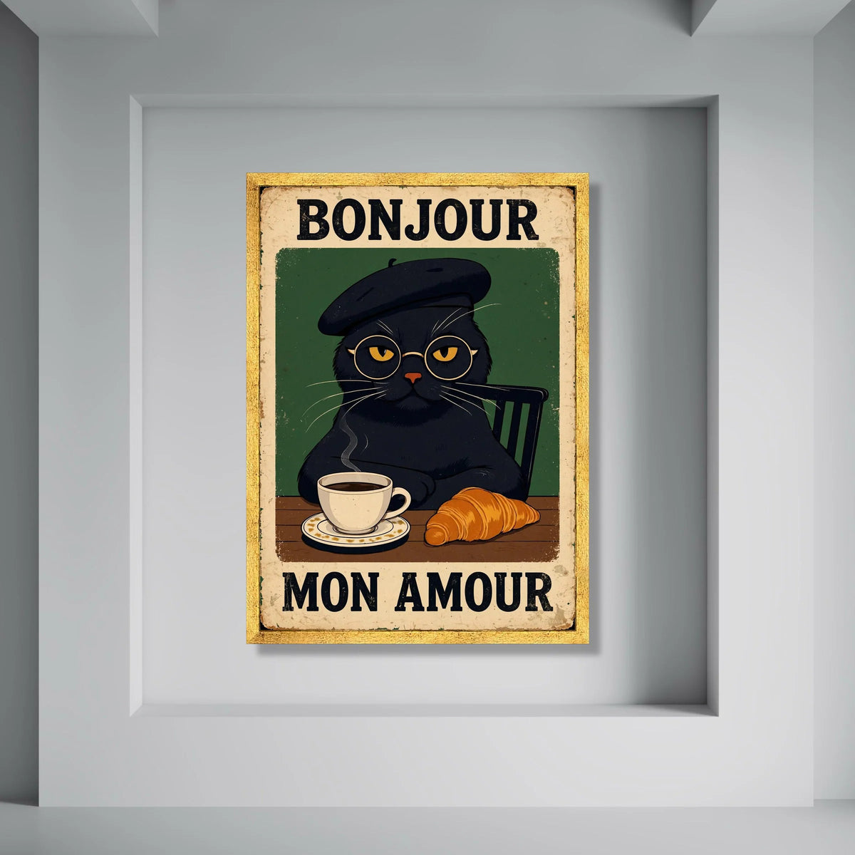 Bonjour Mon Amour Cat Canvas, French Cafe Wall Art, Black Cat Illustration, Coffee and Croissant Canvas, Cozy Kitchen Decoration Print Art