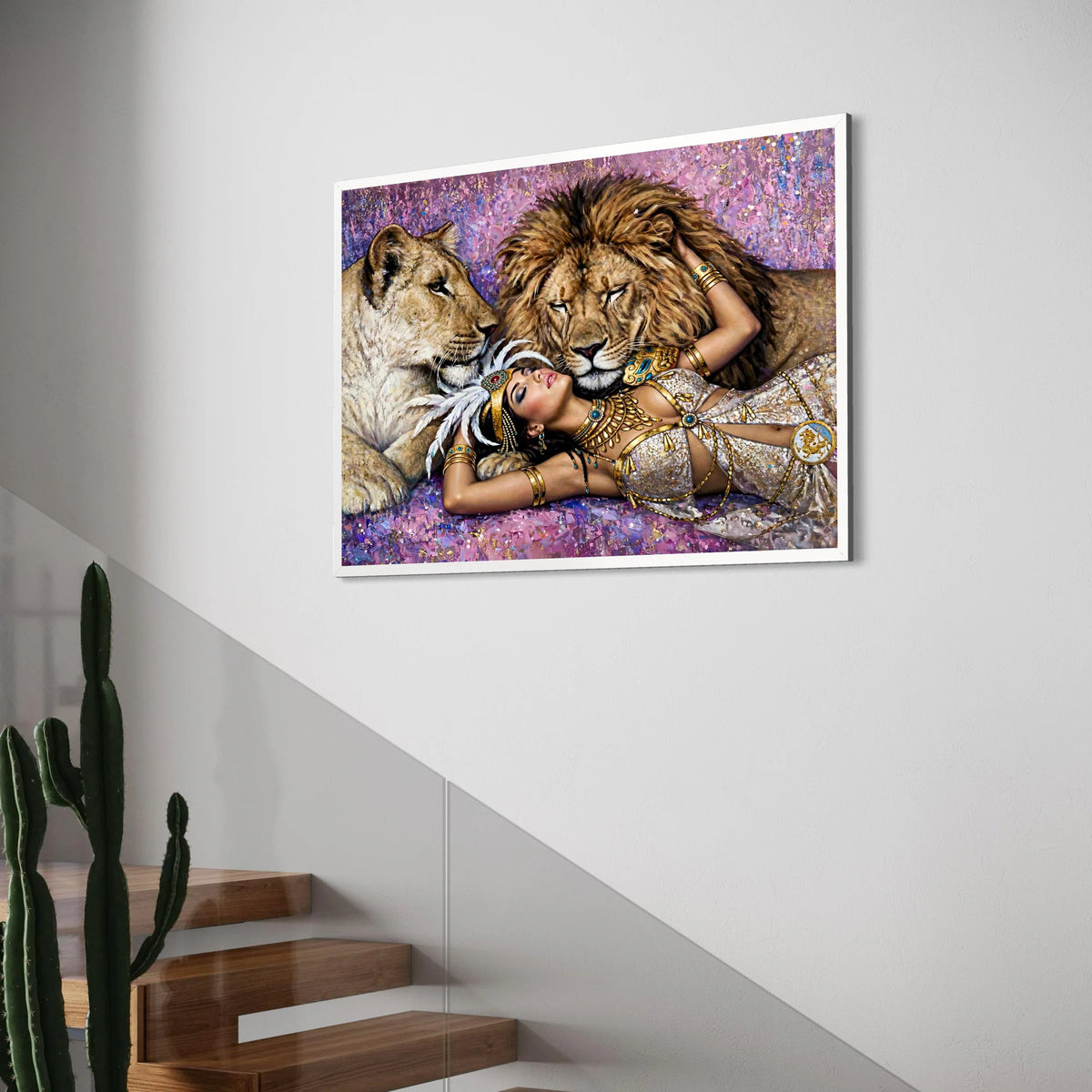 Regal Woman and Lions Canvas Wall Art, Exotic Animal Portrait, Royal Fashion Decor, Majestic Wildlife Painting, Elegant Bedroom or Print Art
