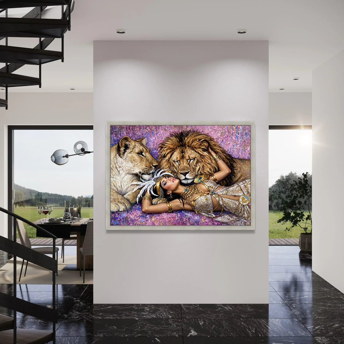 Regal Woman and Lions Canvas Wall Art, Exotic Animal Portrait, Royal Fashion Decor, Majestic Wildlife Painting, Elegant Bedroom or Print Art