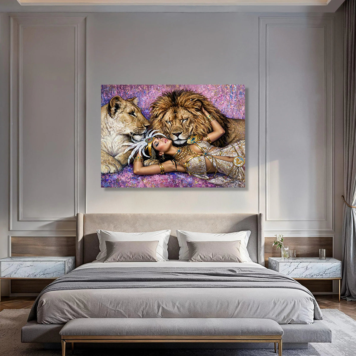 Regal Woman and Lions Canvas Wall Art, Exotic Animal Portrait, Royal Fashion Decor, Majestic Wildlife Painting, Elegant Bedroom or Print Art