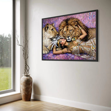 Regal Woman and Lions Canvas Wall Art, Exotic Animal Portrait, Royal Fashion Decor, Majestic Wildlife Painting, Elegant Bedroom or Print Art