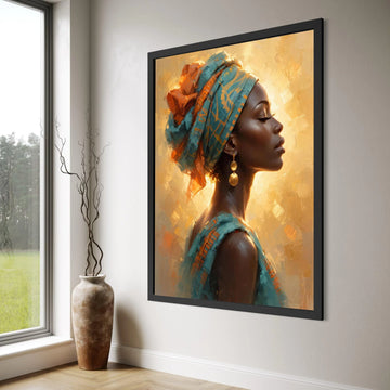 Elegant Woman Portrait Canvas, African Headwrap Art, Golden Earrings Wall Decor, Ethnic Beauty Canvas, Modern Feminine Wall Art Print Art