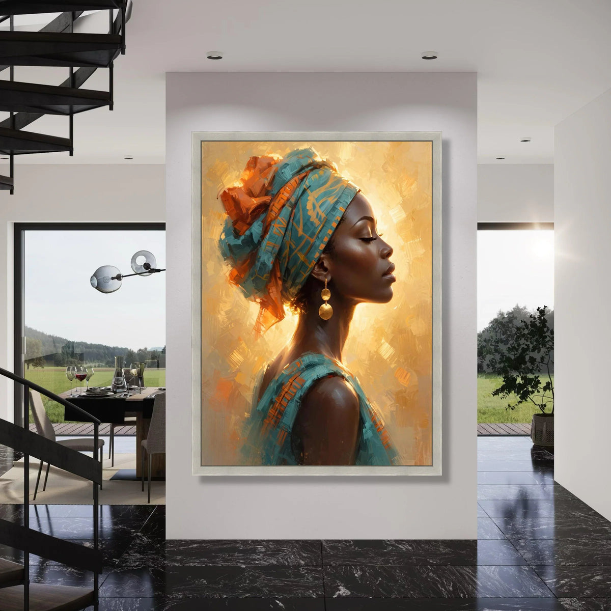 Elegant Woman Portrait Canvas, African Headwrap Art, Golden Earrings Wall Decor, Ethnic Beauty Canvas, Modern Feminine Wall Art Print Art