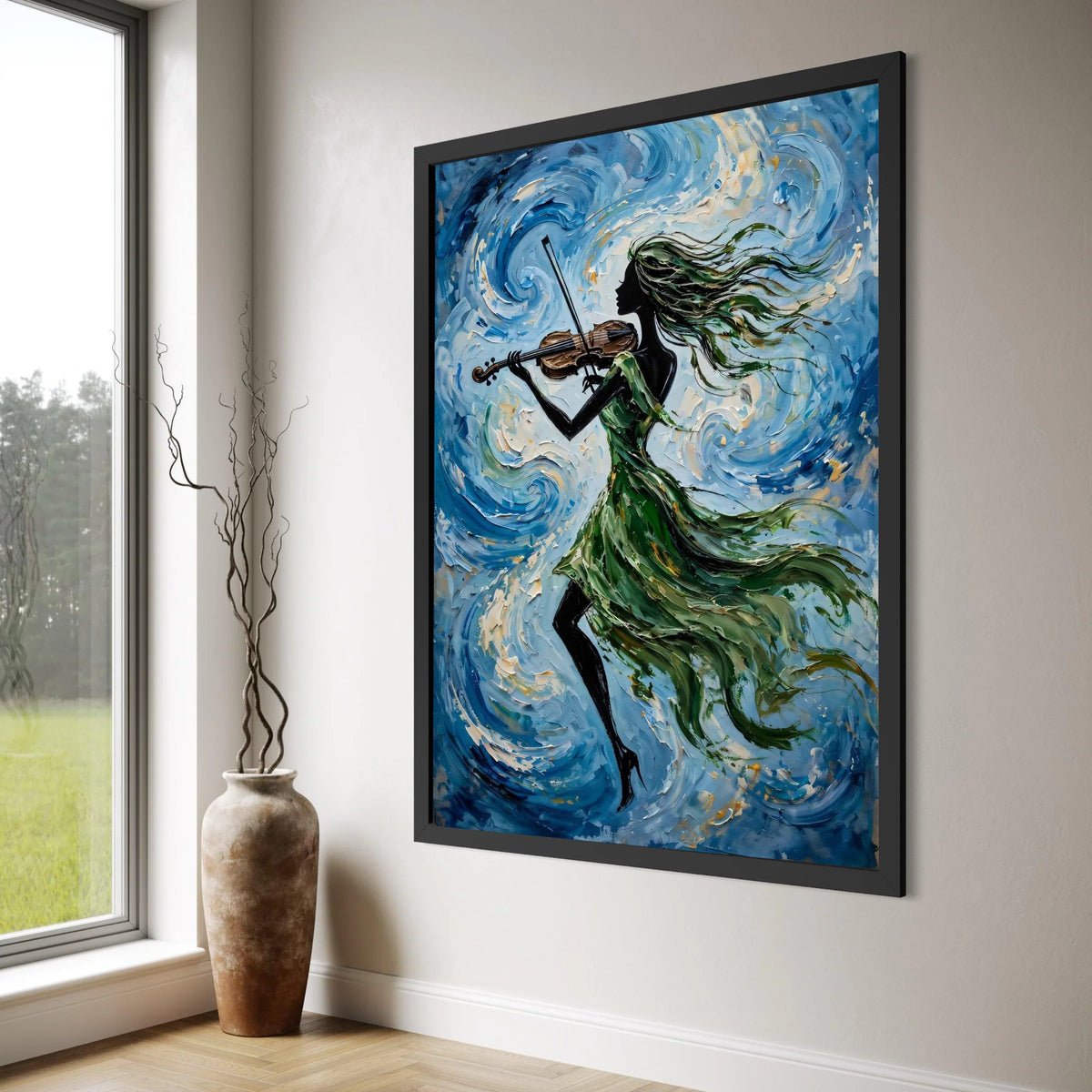 Elegant Woman Playing Violin Canvas Wall Art, Abstract Music Painting, Flowing Green Dress, Blue Swirl Background, Musical Home Print Art