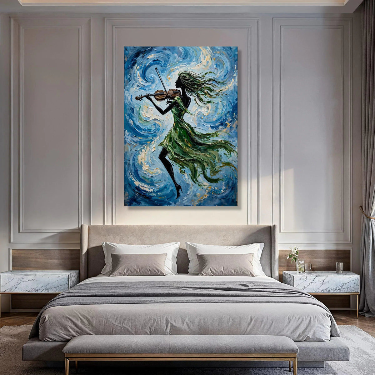 Elegant Woman Playing Violin Canvas Wall Art, Abstract Music Painting, Flowing Green Dress, Blue Swirl Background, Musical Home Print Art