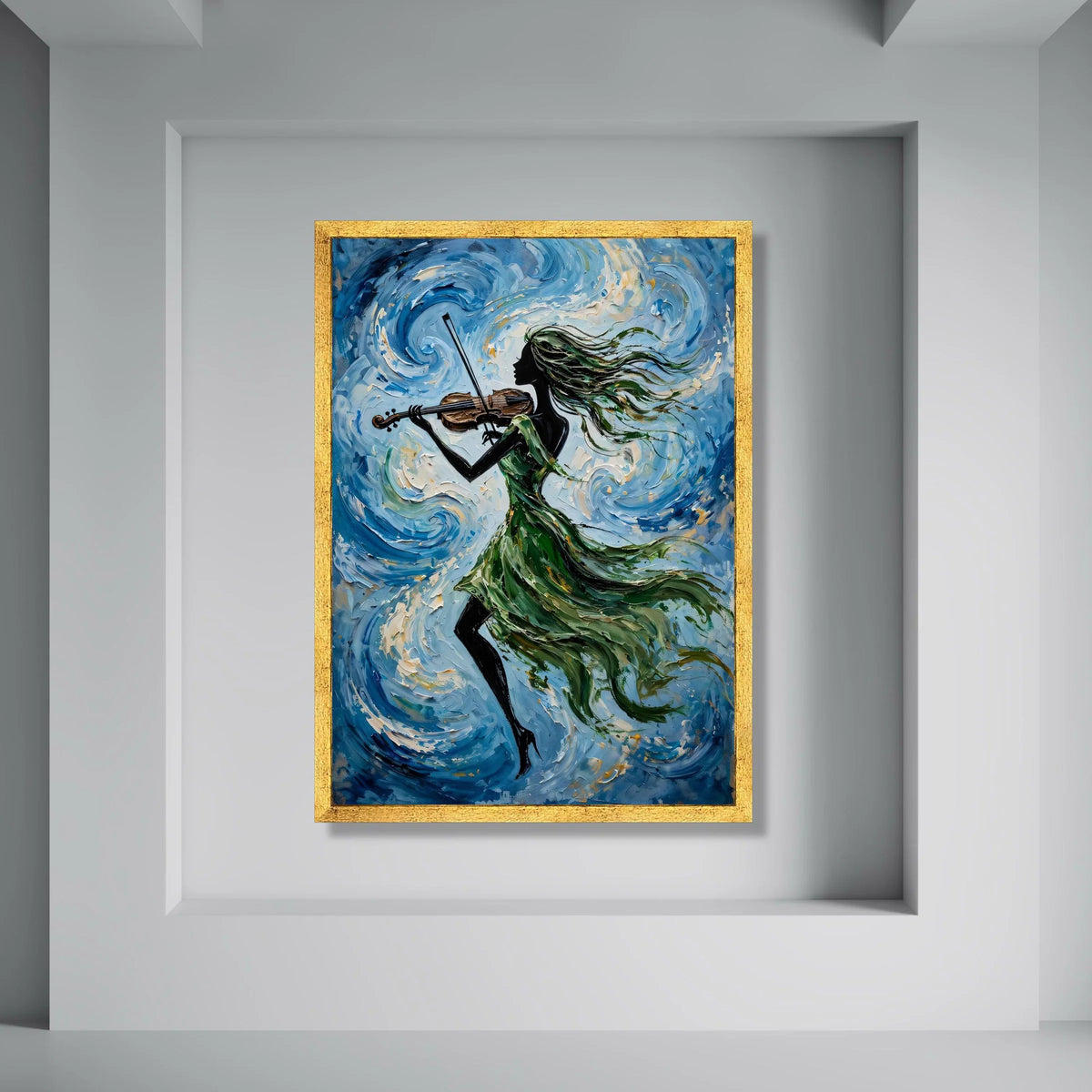Elegant Woman Playing Violin Canvas Wall Art, Abstract Music Painting, Flowing Green Dress, Blue Swirl Background, Musical Home Print Art