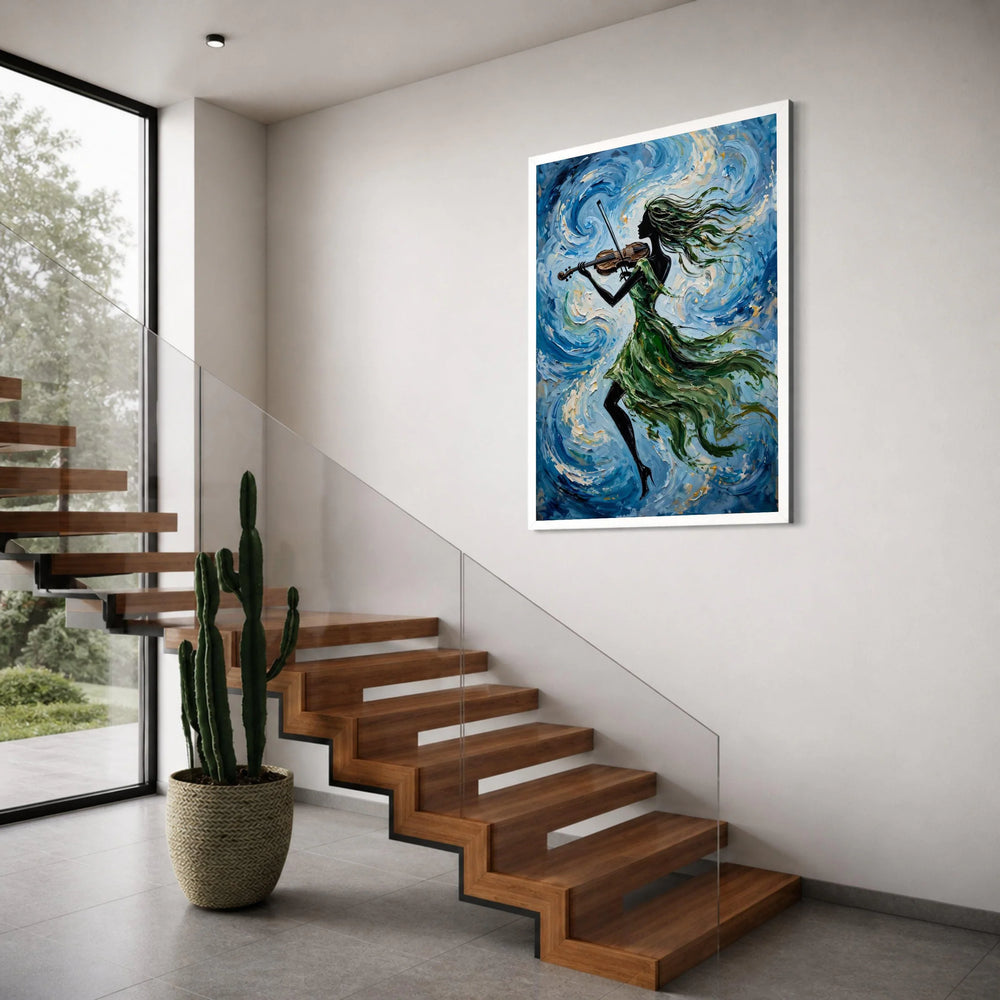 Elegant Woman Playing Violin Canvas Wall Art, Abstract Music Painting, Flowing Green Dress, Blue Swirl Background, Musical Home Print Art