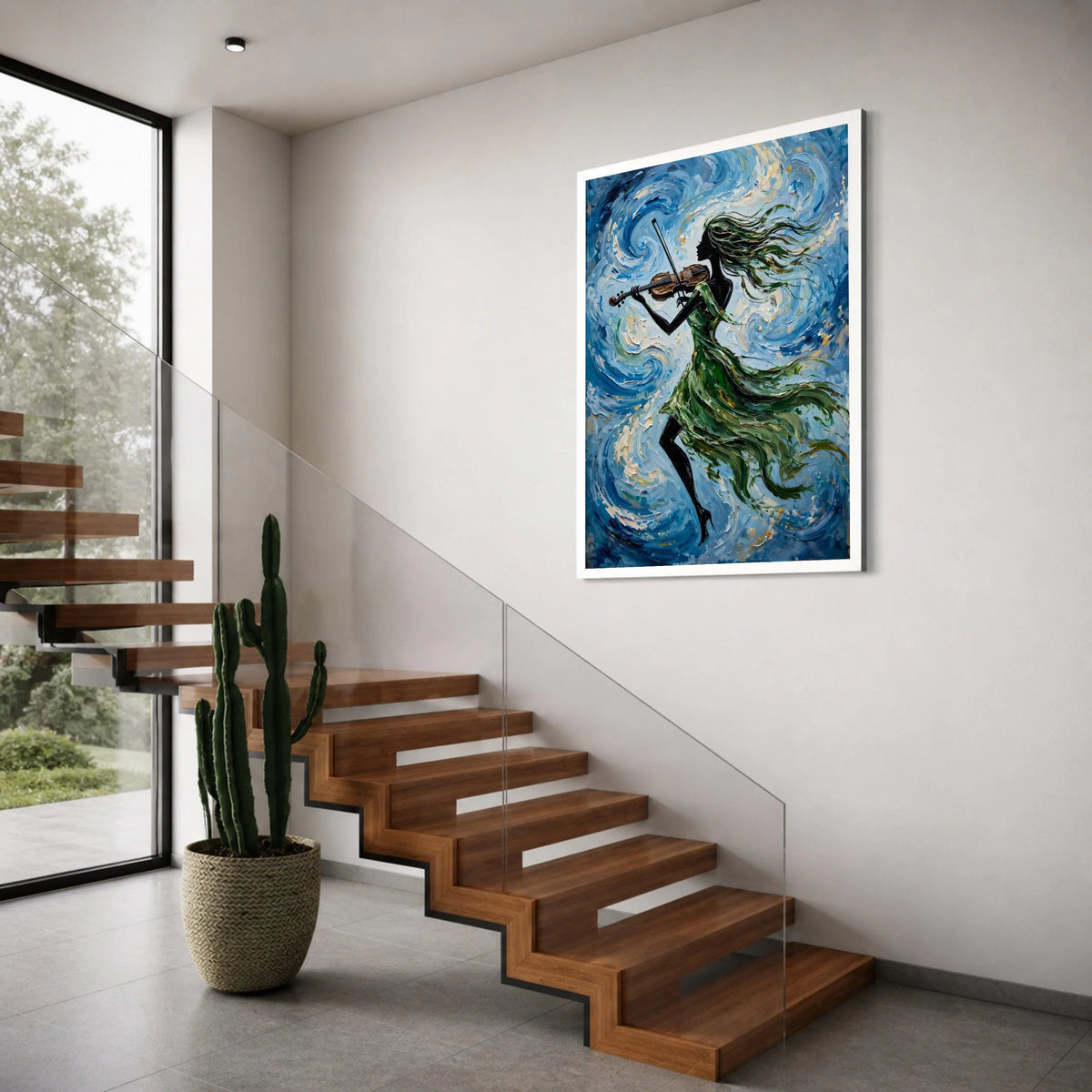 Elegant Woman Playing Violin Canvas Wall Art, Abstract Music Painting, Flowing Green Dress, Blue Swirl Background, Musical Home Print Art