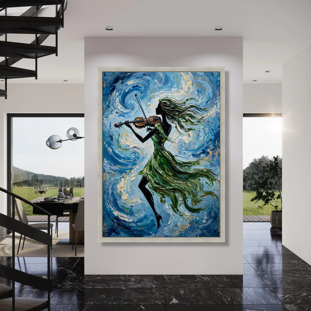 Elegant Woman Playing Violin Canvas Wall Art, Abstract Music Painting, Flowing Green Dress, Blue Swirl Background, Musical Home Print Art