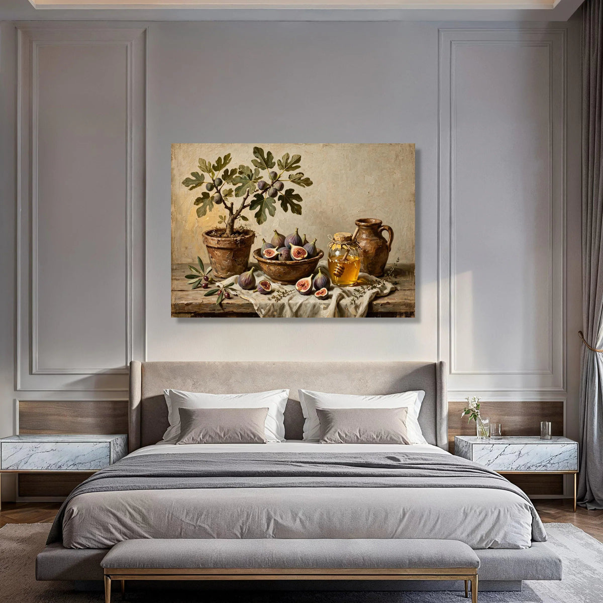 Rustic Fig Tree Still Life Canvas, Honey Jar and Olive Branch Wall Art, Vintage Kitchen Decor, Farmhouse Style Canvas Print, Print Art