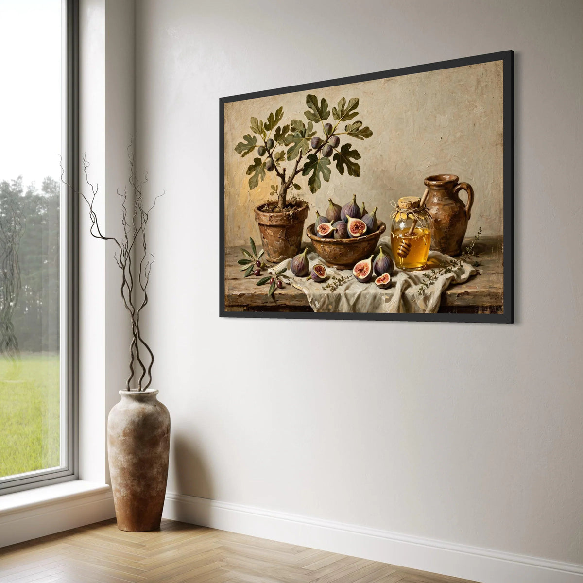 Rustic Fig Tree Still Life Canvas, Honey Jar and Olive Branch Wall Art, Vintage Kitchen Decor, Farmhouse Style Canvas Print, Print Art