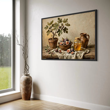 Rustic Fig Tree Still Life Canvas, Honey Jar and Olive Branch Wall Art, Vintage Kitchen Decor, Farmhouse Style Canvas Print, Print Art