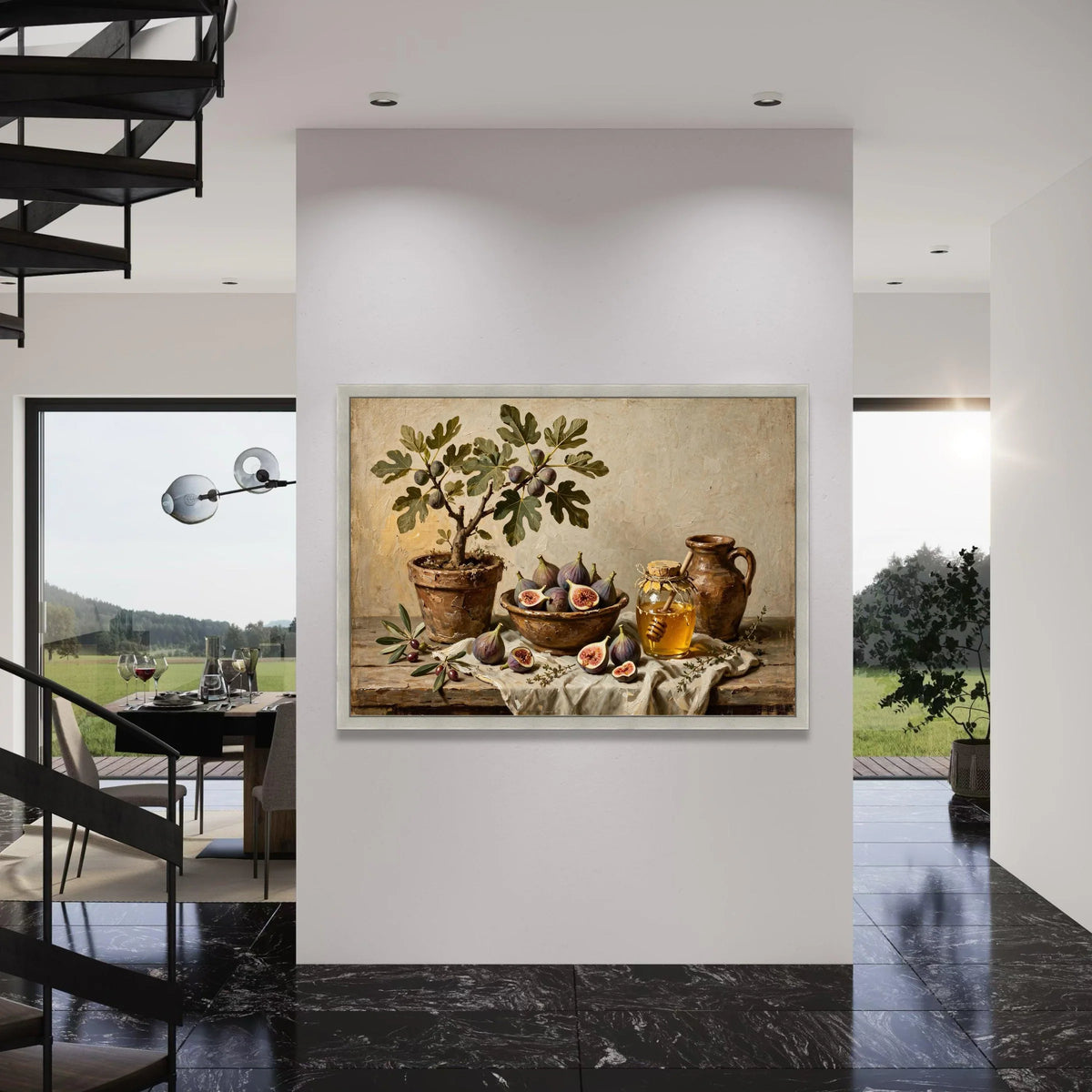 Rustic Fig Tree Still Life Canvas, Honey Jar and Olive Branch Wall Art, Vintage Kitchen Decor, Farmhouse Style Canvas Print, Print Art