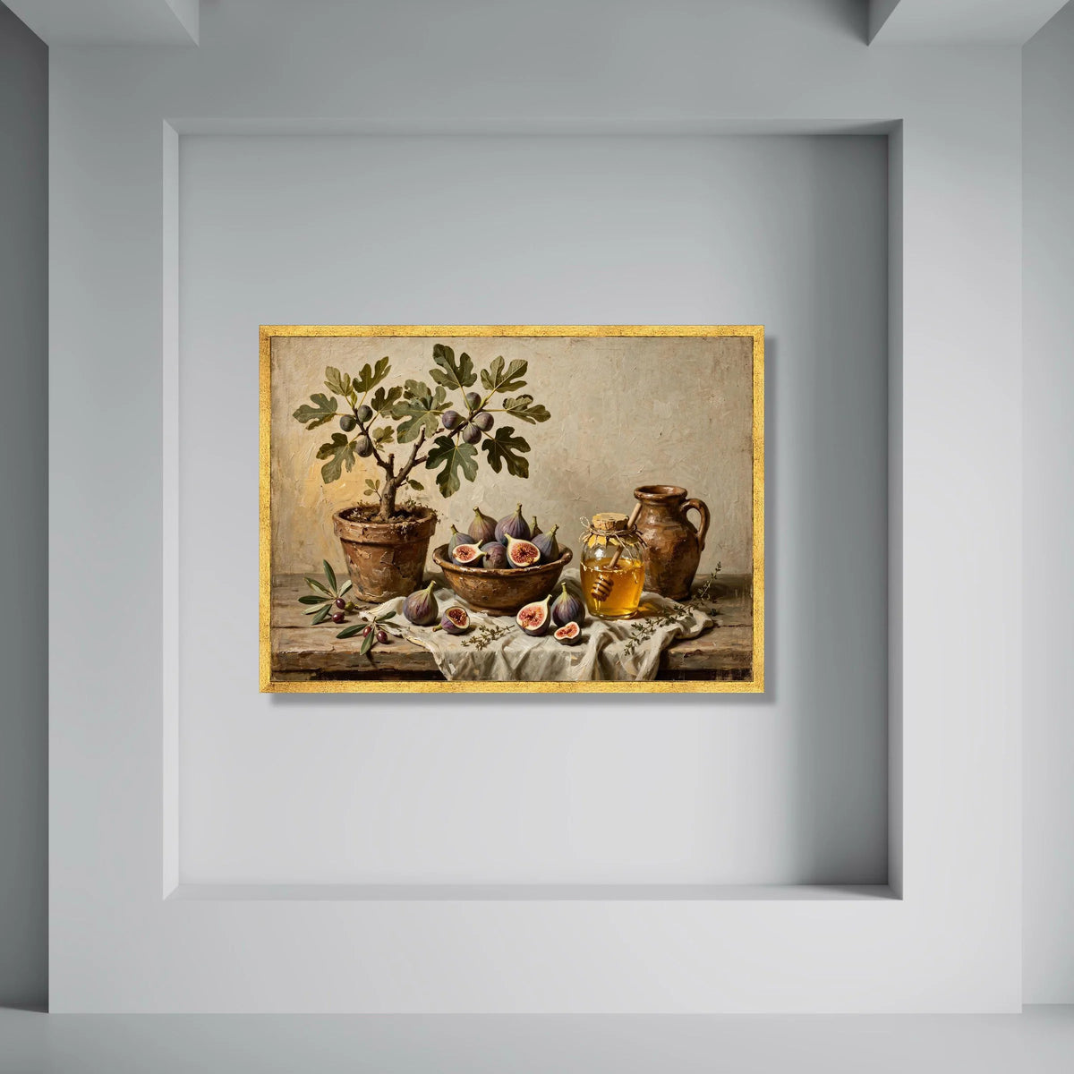 Rustic Fig Tree Still Life Canvas, Honey Jar and Olive Branch Wall Art, Vintage Kitchen Decor, Farmhouse Style Canvas Print, Print Art