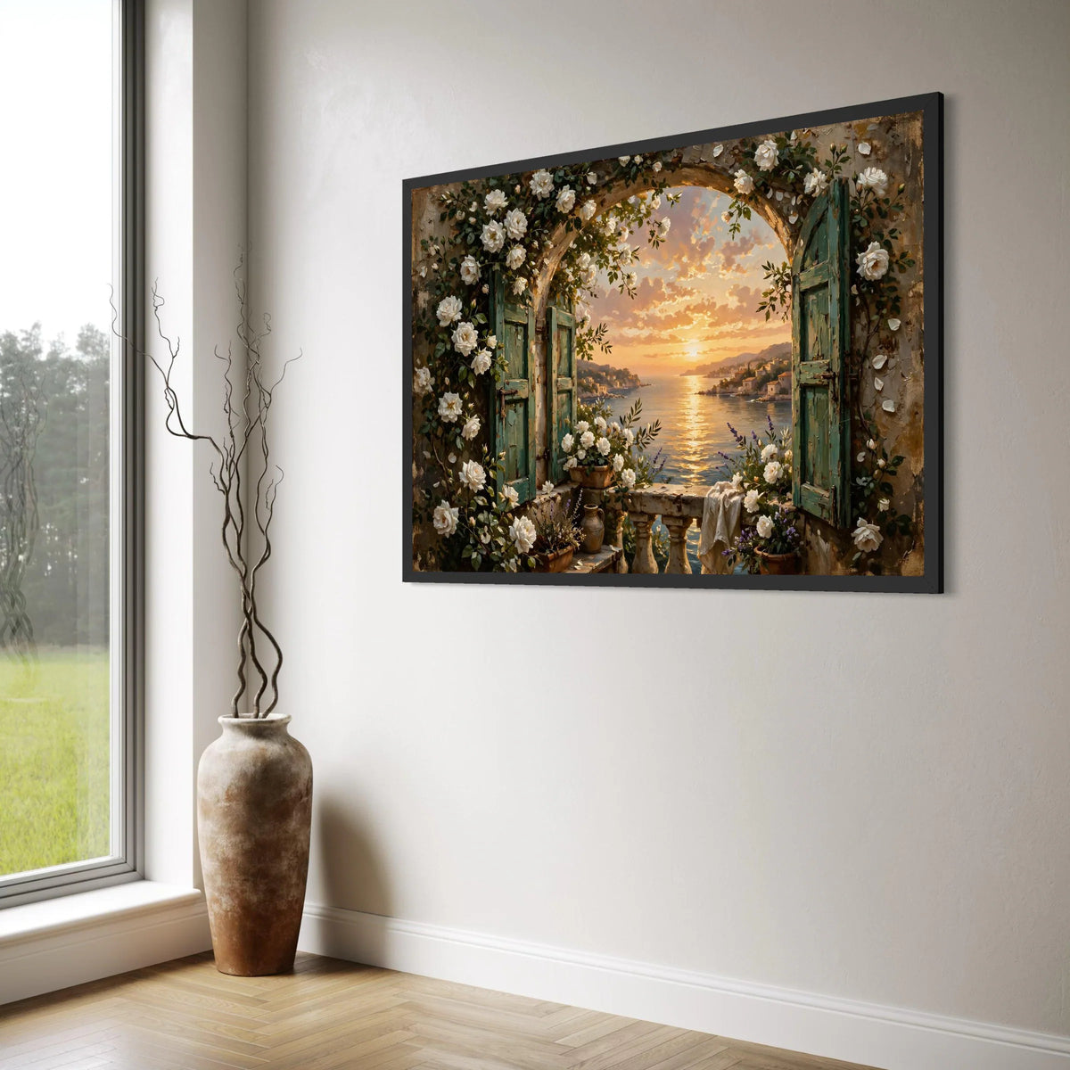 Tranquil Seaside View Through Arched Window, White Rose Garden Canvas, Sunset Coastal Landscape, Vintage Balcony Wall Art, Home Print Art