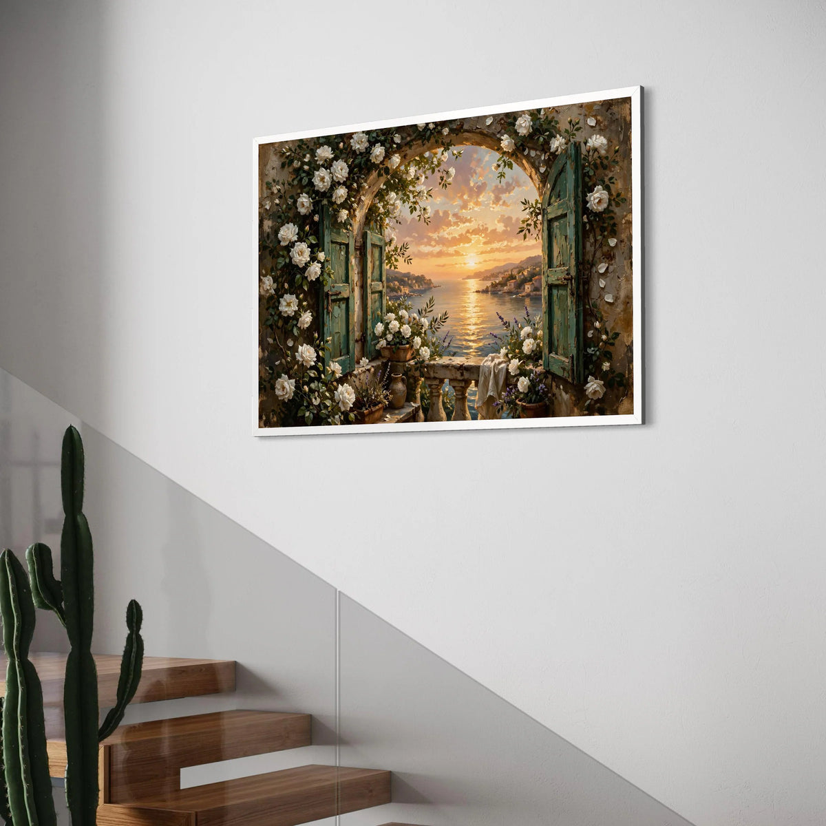 Tranquil Seaside View Through Arched Window, White Rose Garden Canvas, Sunset Coastal Landscape, Vintage Balcony Wall Art, Home Print Art