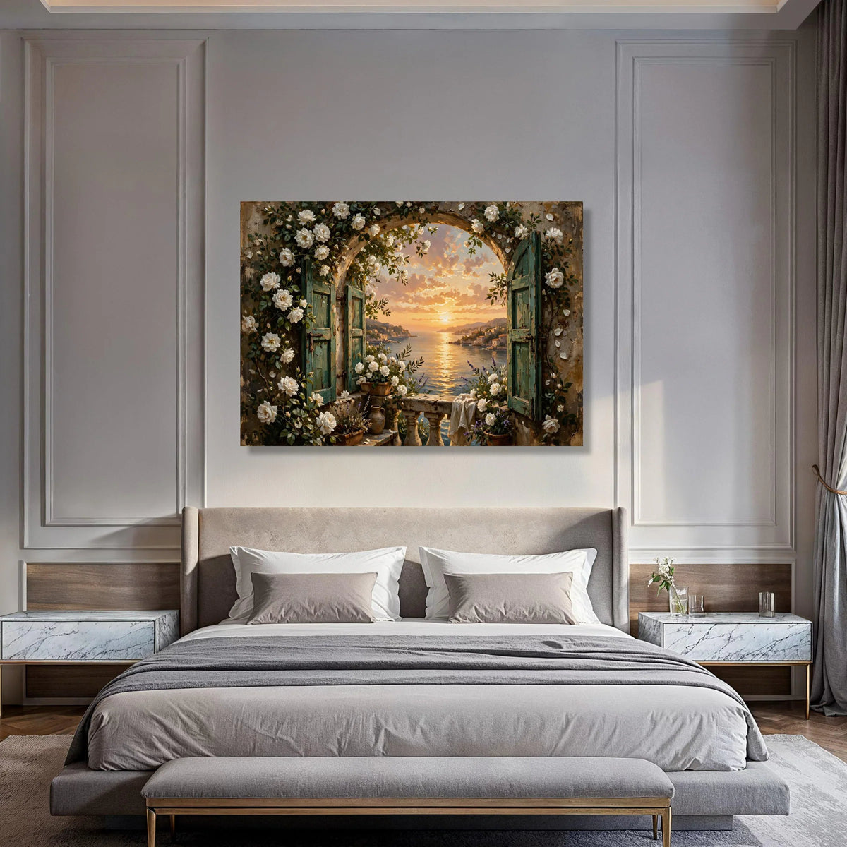 Tranquil Seaside View Through Arched Window, White Rose Garden Canvas, Sunset Coastal Landscape, Vintage Balcony Wall Art, Home Print Art