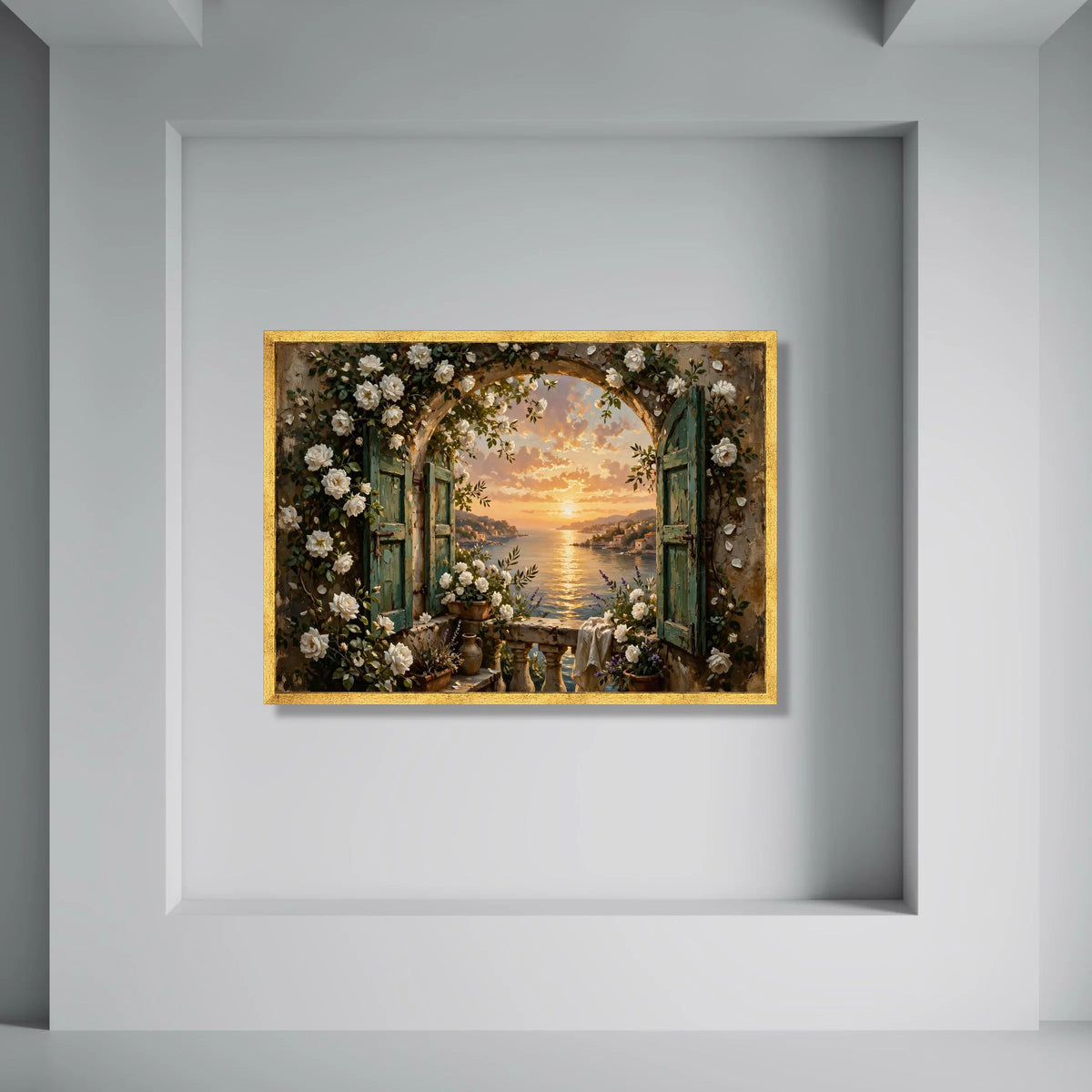 Tranquil Seaside View Through Arched Window, White Rose Garden Canvas, Sunset Coastal Landscape, Vintage Balcony Wall Art, Home Print Art