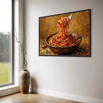Spaghetti with Tomato Sauce Canvas, Italian Pasta Wall Art, Rustic Kitchen Decor, Food Illustration Print, Culinary Canvas Print Art