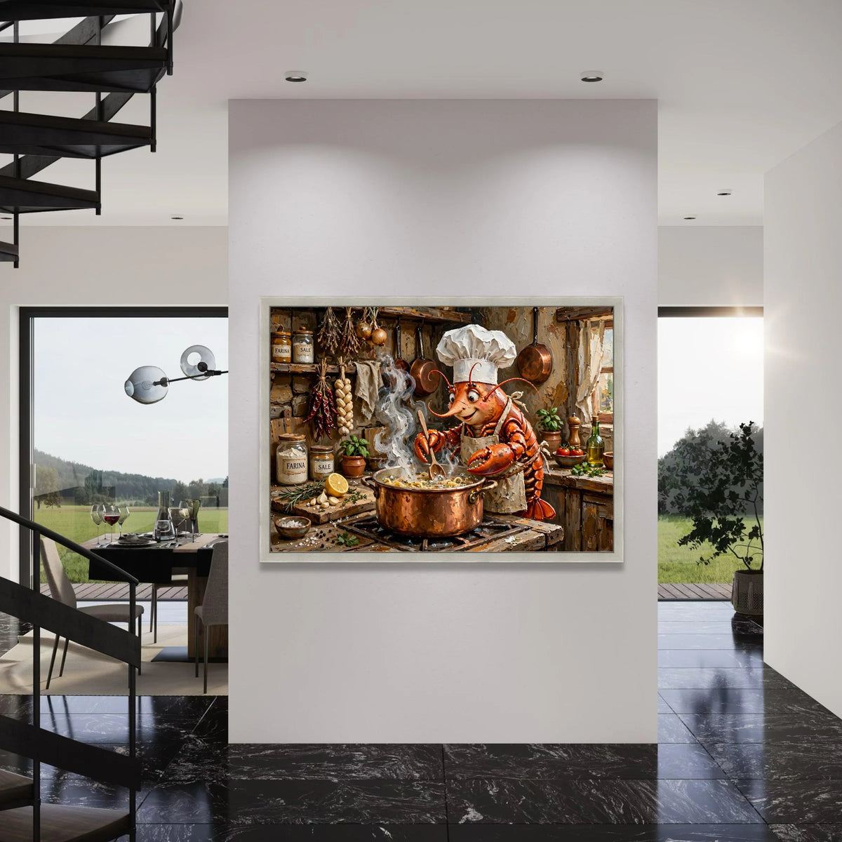 Whimsical Chef Lobster Cooking Pasta Canvas, Kitchen Wall Art, Cute Seafood Cooking Scene, Rustic Culinary Canvas Decoration Print Art