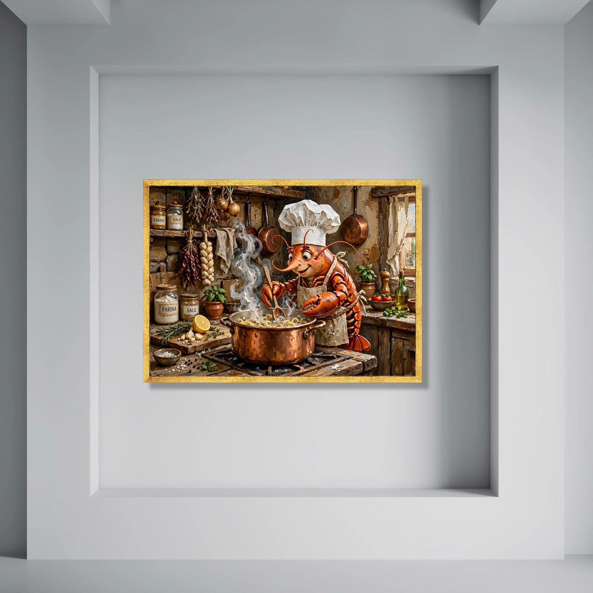 Whimsical Chef Lobster Cooking Pasta Canvas, Kitchen Wall Art, Cute Seafood Cooking Scene, Rustic Culinary Canvas Decoration Print Art