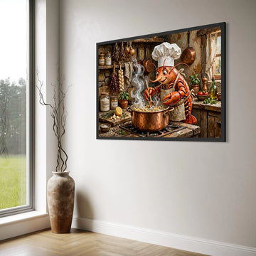 Whimsical Chef Lobster Cooking Pasta Canvas, Kitchen Wall Art, Cute Seafood Cooking Scene, Rustic Culinary Canvas Decoration Print Art