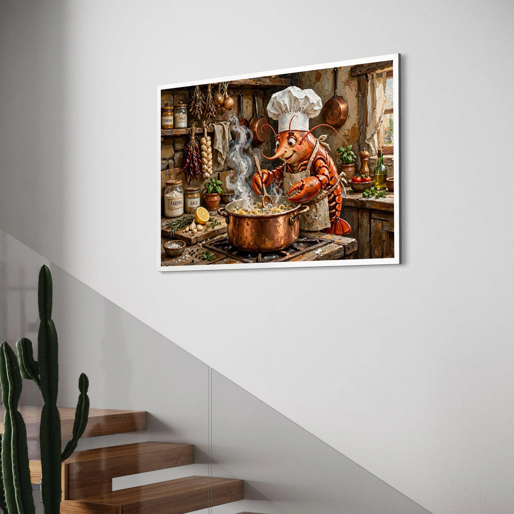 Whimsical Chef Lobster Cooking Pasta Canvas, Kitchen Wall Art, Cute Seafood Cooking Scene, Rustic Culinary Canvas Decoration Print Art