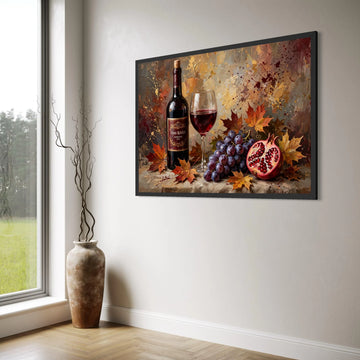 Autumn Wine Still Life Canvas, Red Wine and Grapes Art, Fall Leaves Wall Decor, Pomegranate Fruit Painting, Elegant Kitchen Canvas Print Art