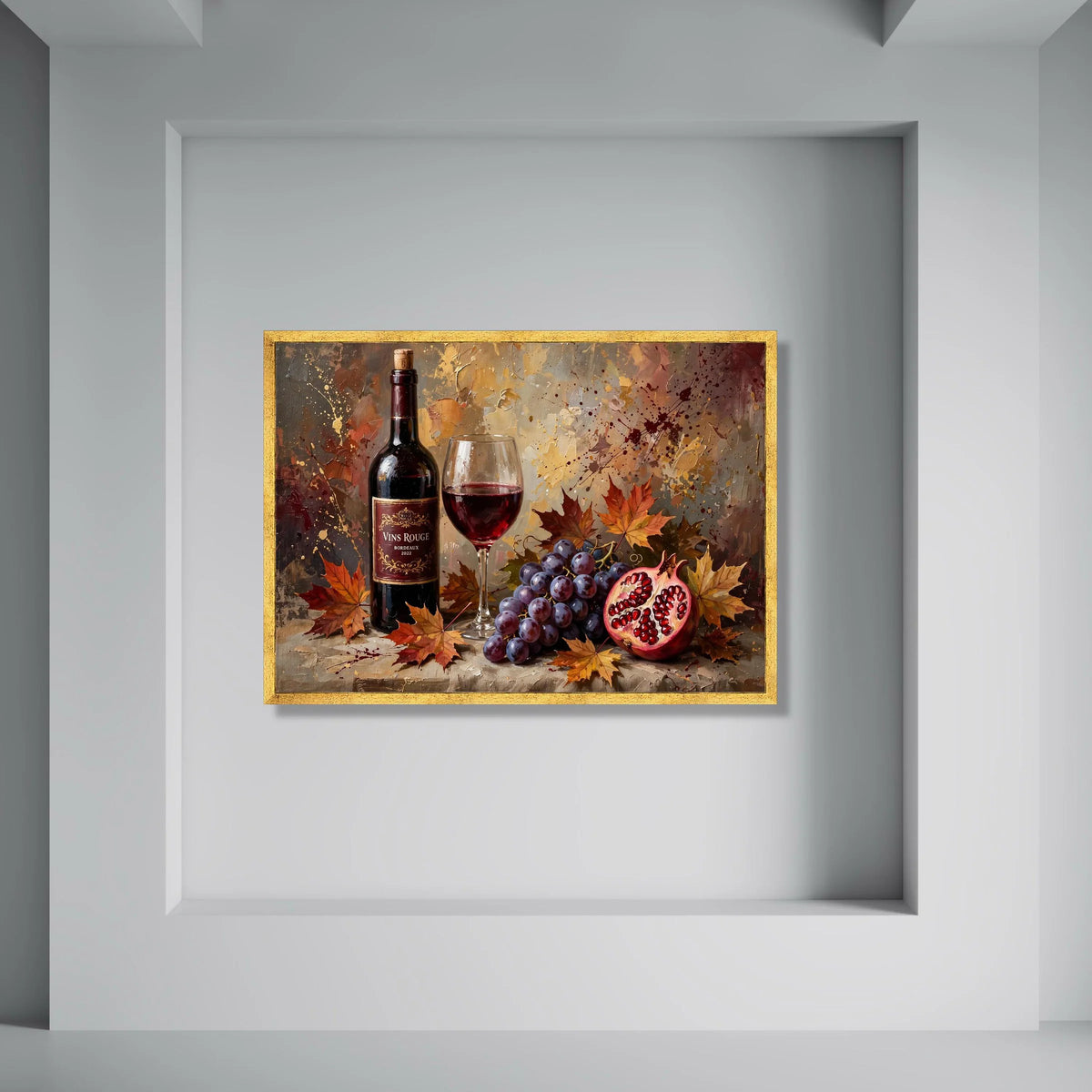 Autumn Wine Still Life Canvas, Red Wine and Grapes Art, Fall Leaves Wall Decor, Pomegranate Fruit Painting, Elegant Kitchen Canvas Print Art