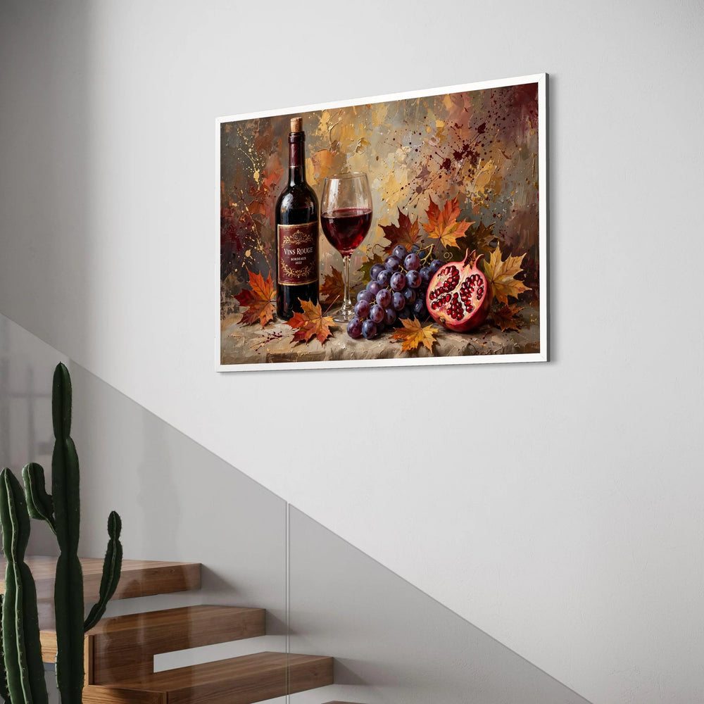 Autumn Wine Still Life Canvas, Red Wine and Grapes Art, Fall Leaves Wall Decor, Pomegranate Fruit Painting, Elegant Kitchen Canvas Print Art