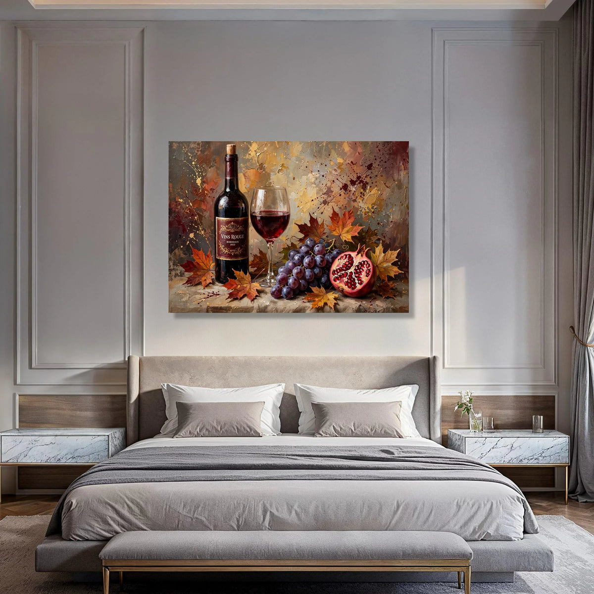 Autumn Wine Still Life Canvas, Red Wine and Grapes Art, Fall Leaves Wall Decor, Pomegranate Fruit Painting, Elegant Kitchen Canvas Print Art