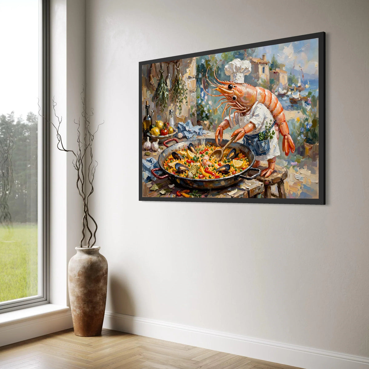Whimsical Shrimp Chef Cooking Paella Canvas, Coastal Kitchen Wall Art, Mediterranean Seafood Scene, Bright Colorful Canvas Decor Print Art